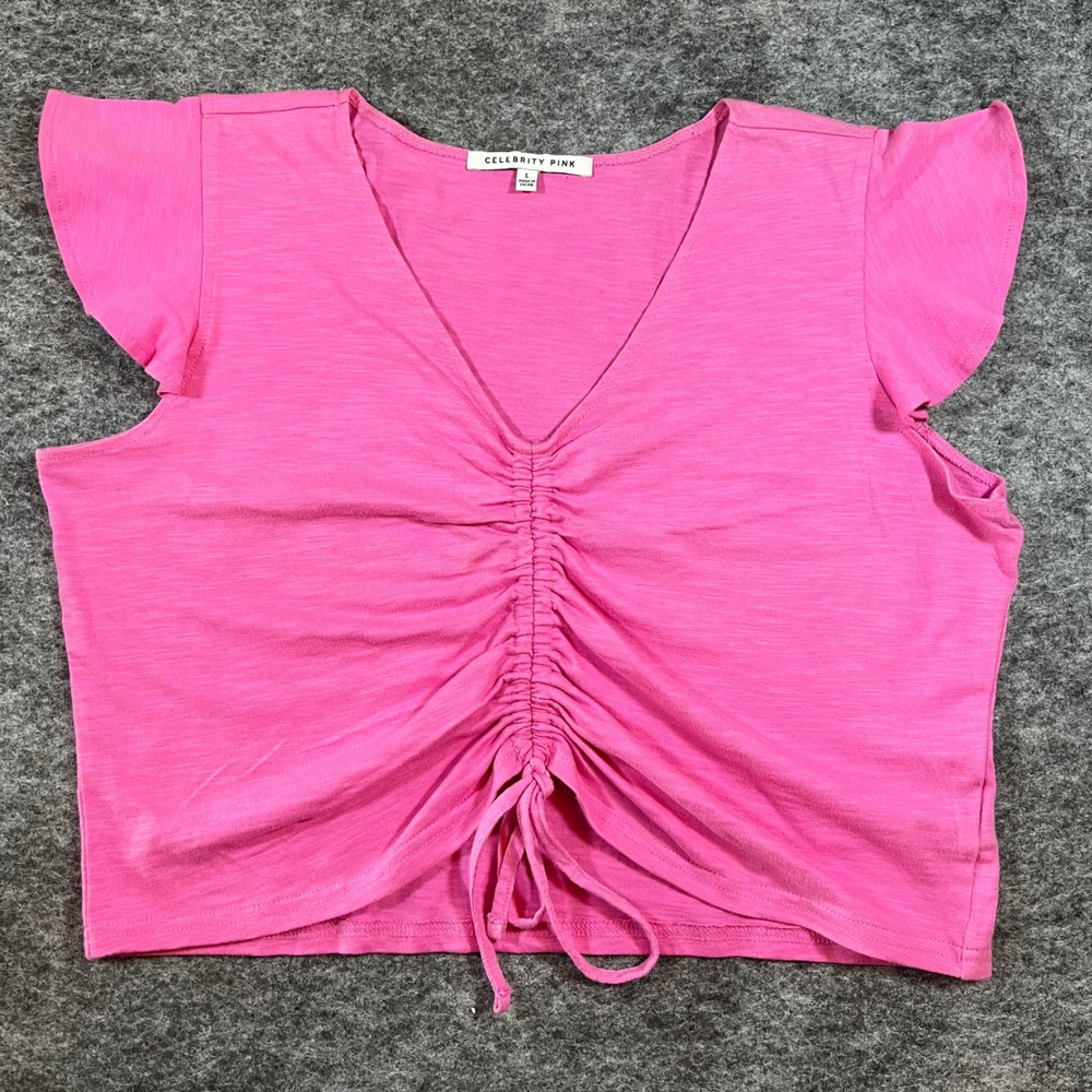 Celebrity Pink Ruched Front Top Womens Large Barbie Pink Flutter Sleeve Coquette